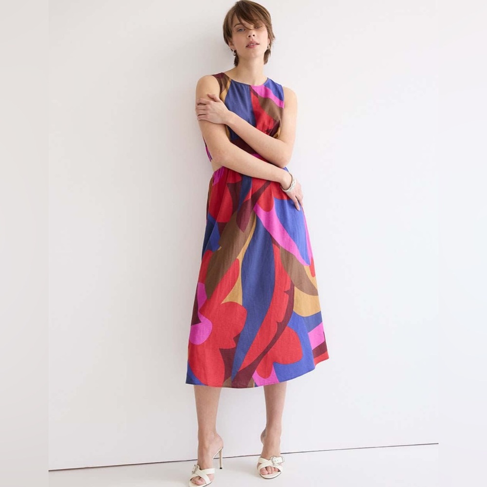 Sleeveless Linen cut out Midi Dress - multi summer print L - Picture 2 of 9